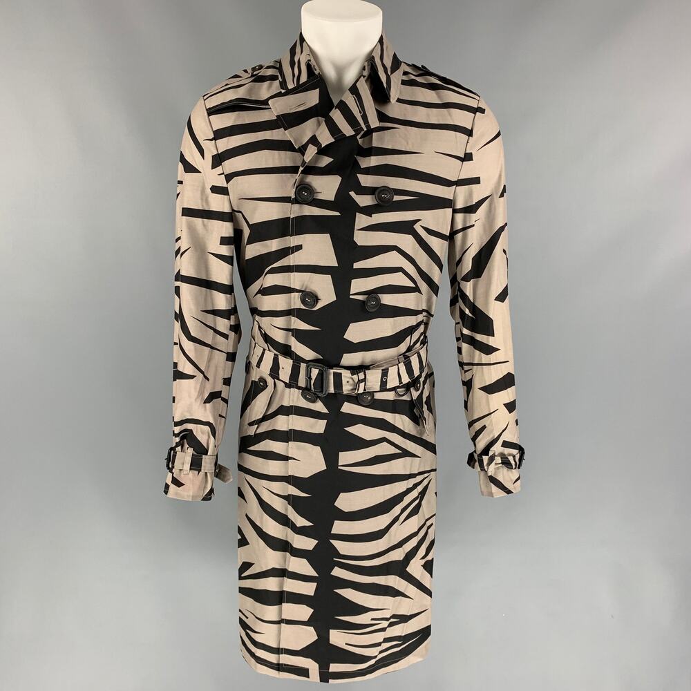 BURBERRY PRORSUM Size16 Size 38 Grey & Black Print Silk / Wool Belted Trenchcoat